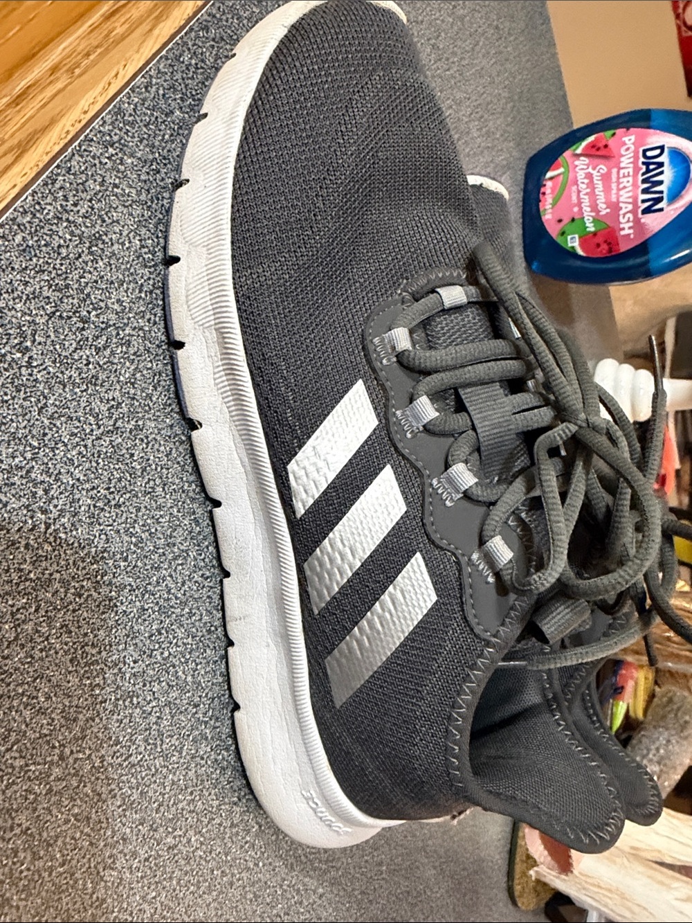 adidas Men’s Gray Knit Athletic Shoes with White Stripes